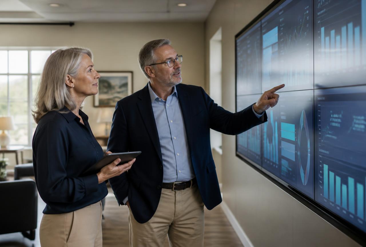 Senior living operations team reviewing staffing and care requirements on screen in a calm, modern operations room